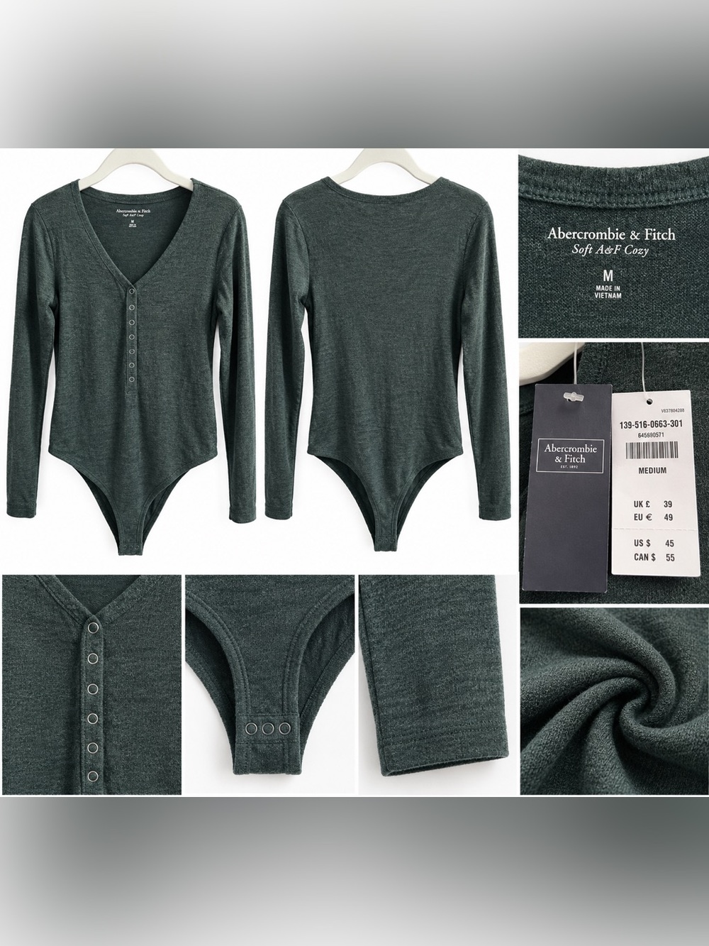 Abercrombie & Fitch Dark green Long-Sleeve V-Neck Henley Bodysuit